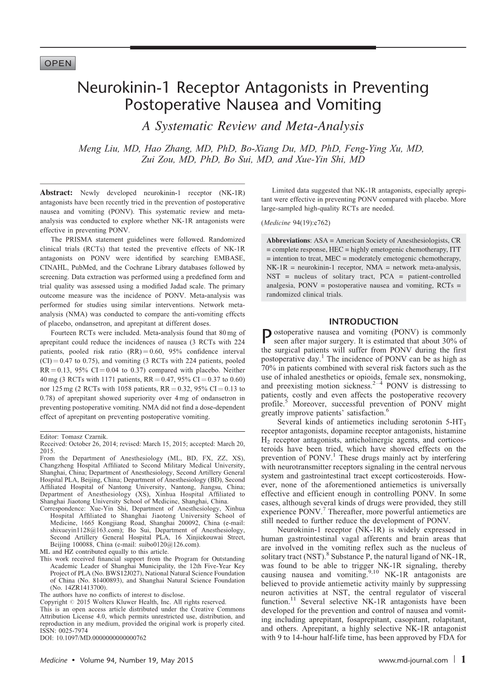 Neurokinin-1 Receptor Antagonists in Preventing Postoperative Nausea and Vomiting a Systematic Review and Meta-Analysis