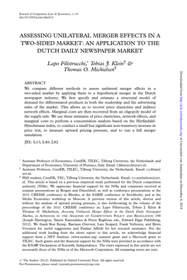 ASSESSING UNILATERAL MERGER EFFECTS in a TWO-SIDED MARKET: an APPLICATION to the DUTCH DAILY NEWSPAPER MARKET Lapo Filistrucchi