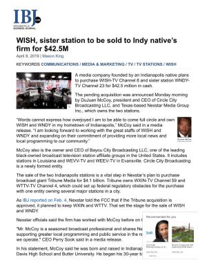 WISH, Sister Station to Be Sold to Indy Native's Firm for $42.5M