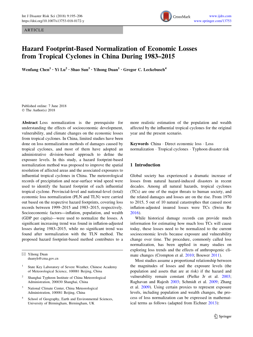 Hazard Footprint-Based Normalization of Economic Losses from Tropical Cyclones in China During 1983–2015
