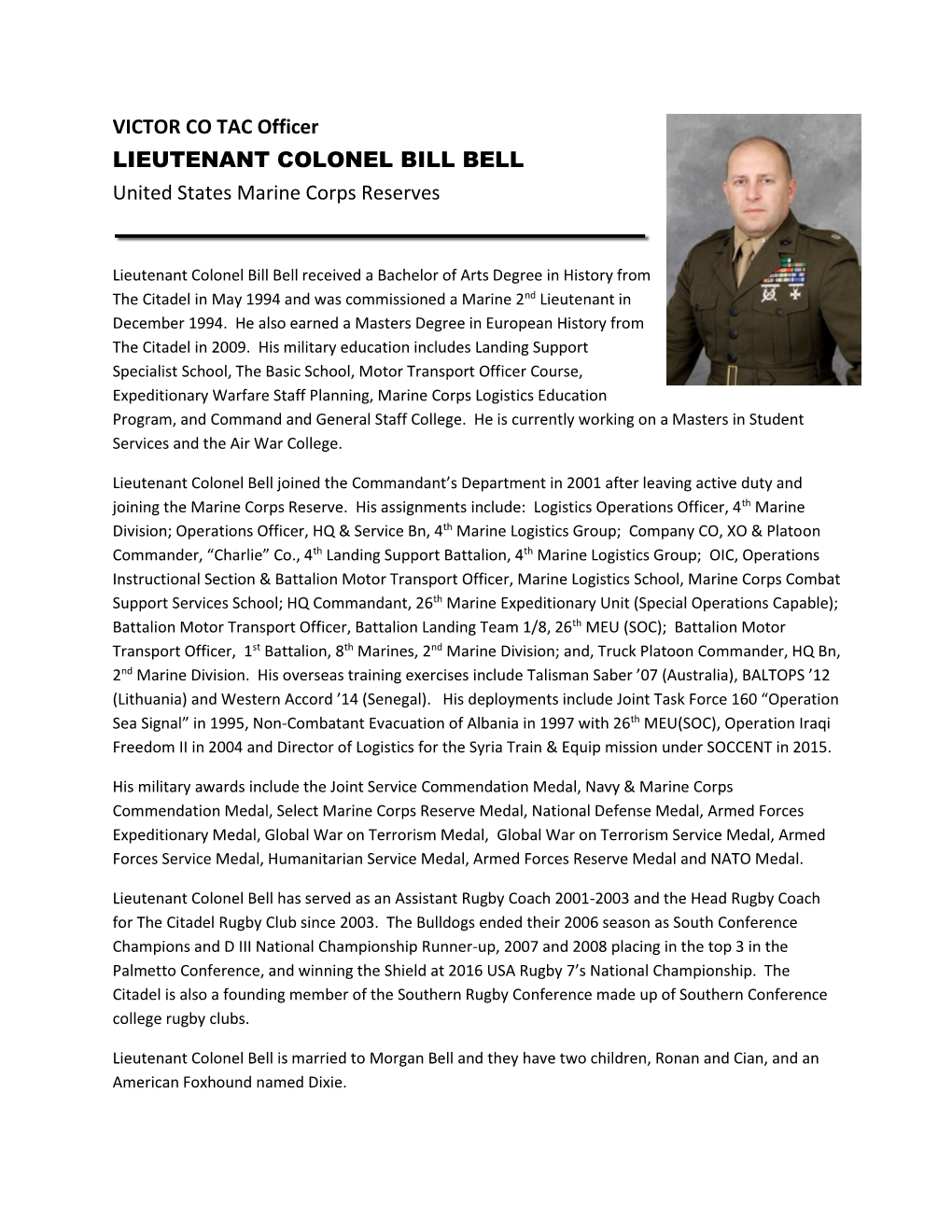 VICTOR CO TAC Officer LIEUTENANT COLONEL BILL BELL United States Marine Corps Reserves