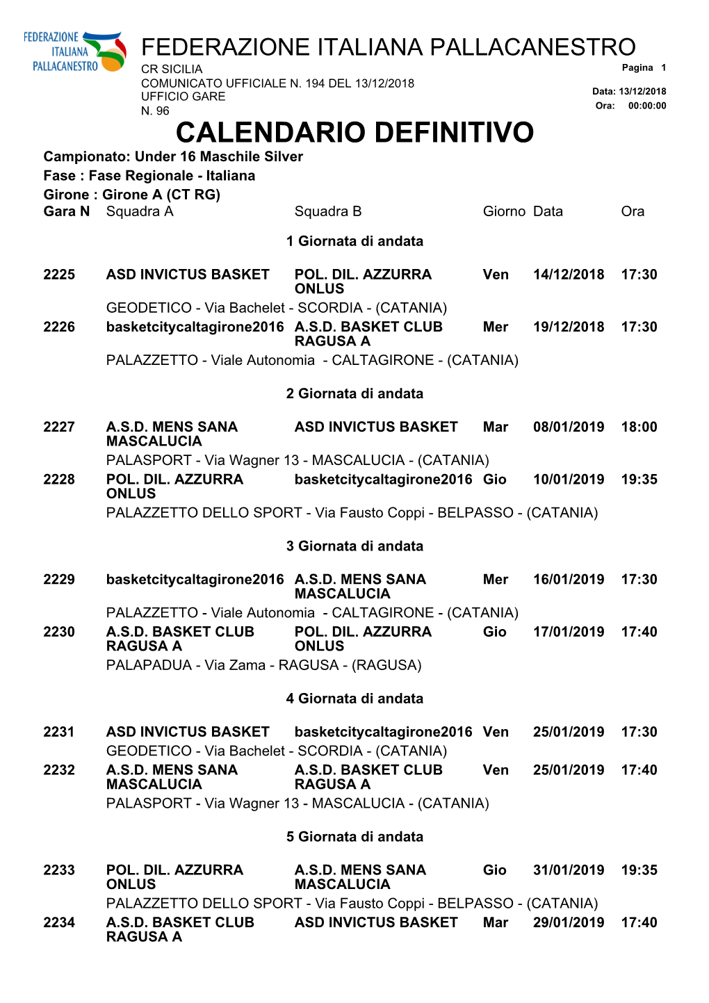 CALENDARIO DEFINITIVO Campionato: Under 16 Maschile Silver Fase : Fase Regionale - Italiana Girone : Girone a (CT RG) Gara N Squadra a Squadra B Giorno Data Ora