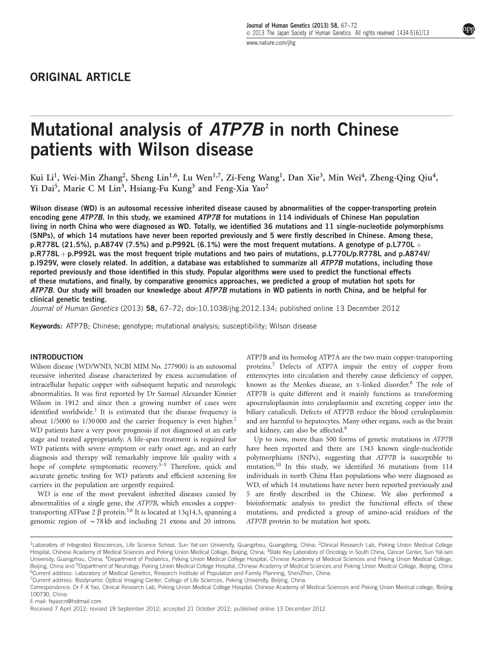 Mutational Analysis of ATP7B in North Chinese Patients with Wilson Disease