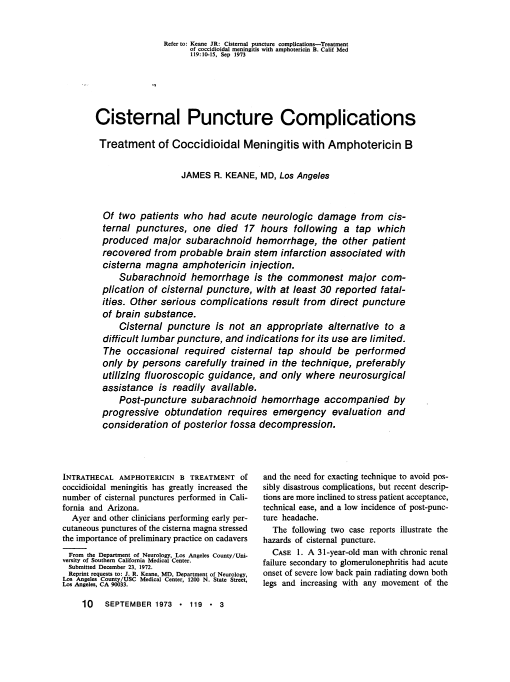 Cisternal Puncture Complications-Treatment of Coccidioidal Meningitis with Amphotericin B