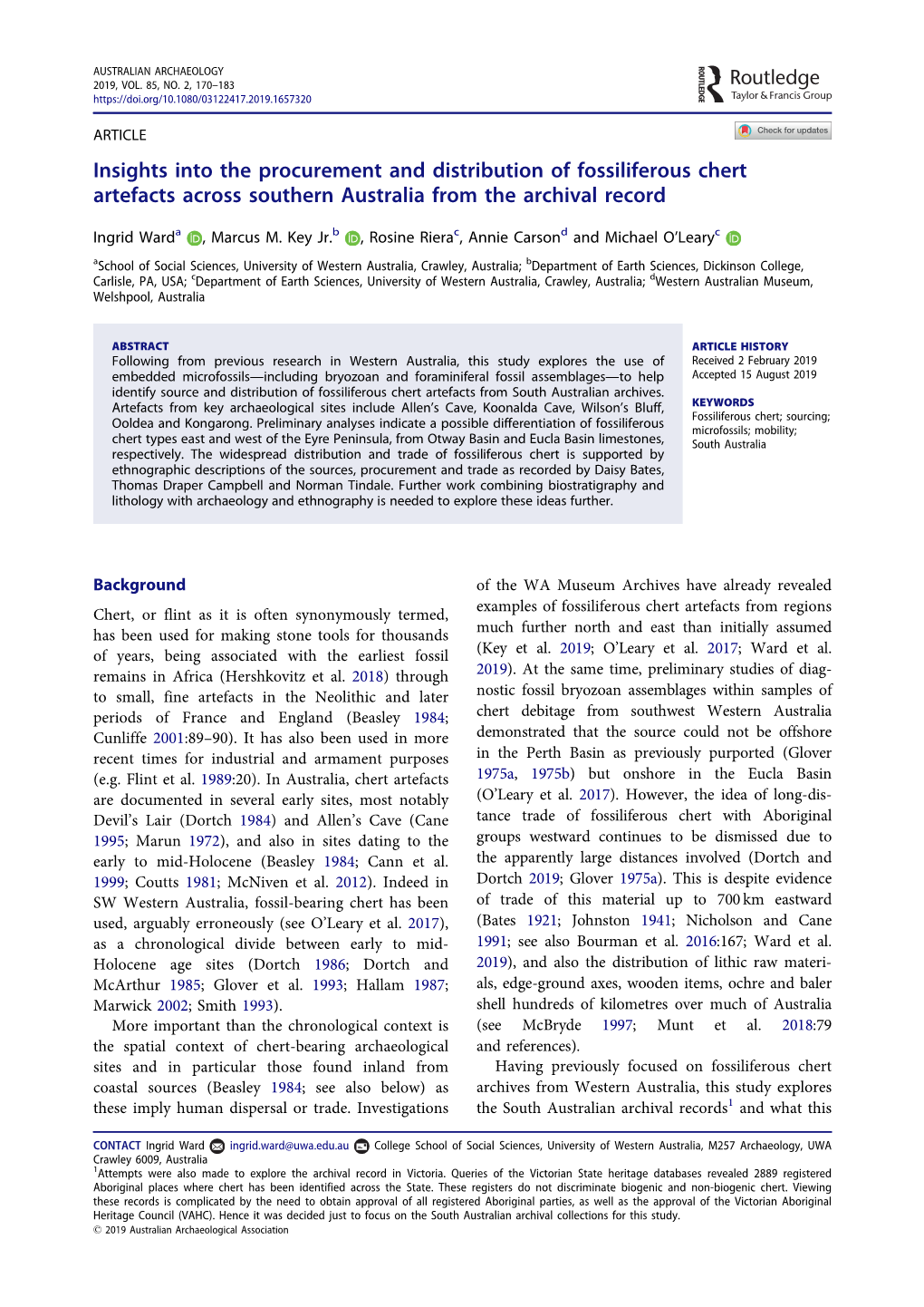 Insights Into the Procurement and Distribution of Fossiliferous Chert Artefacts Across Southern Australia from the Archival Record