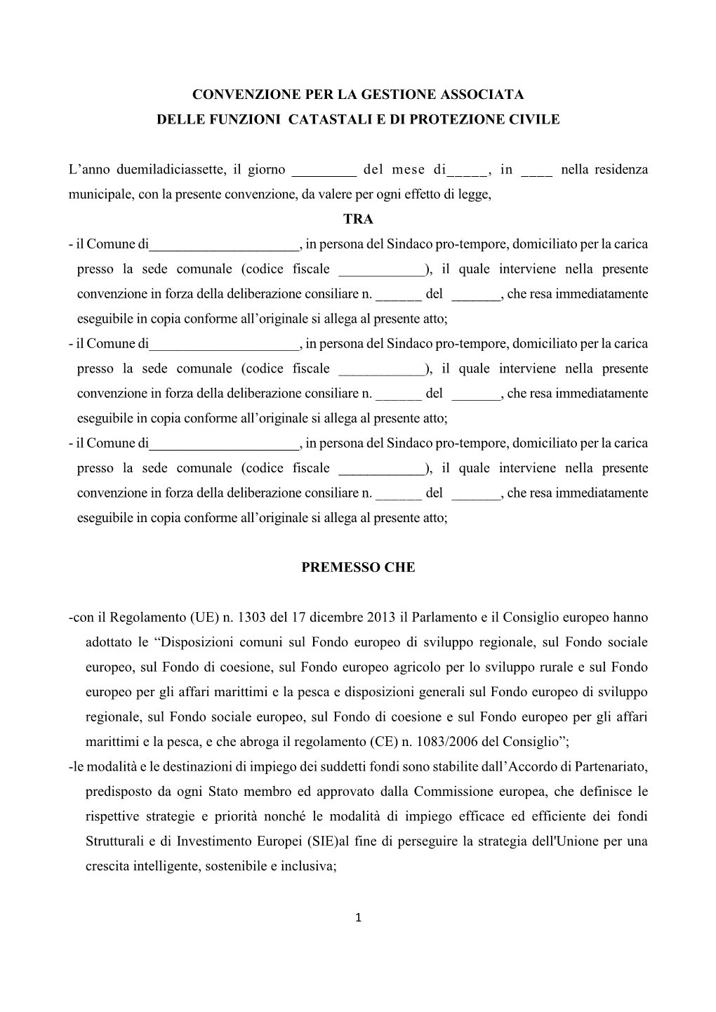 Convenzione Per La Gestione Associata Delle Funzioni Catastali E Di Protezione Civile