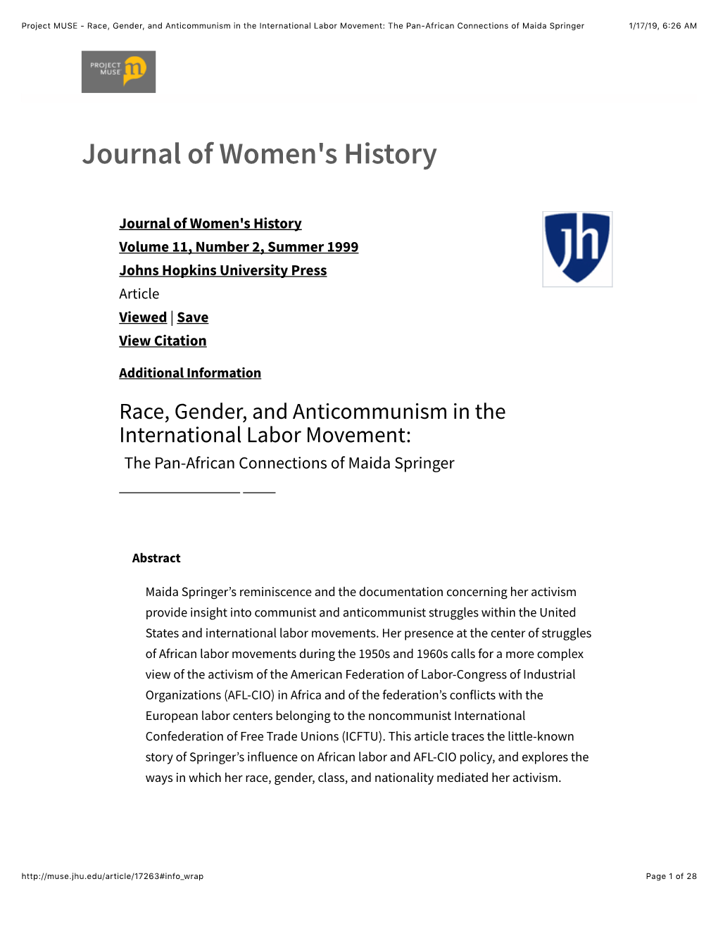 Race, Gender, and Anticommunism in the International Labor Movement: the Pan-African Connections of Maida Springer 1/17/19, 6�26 AM