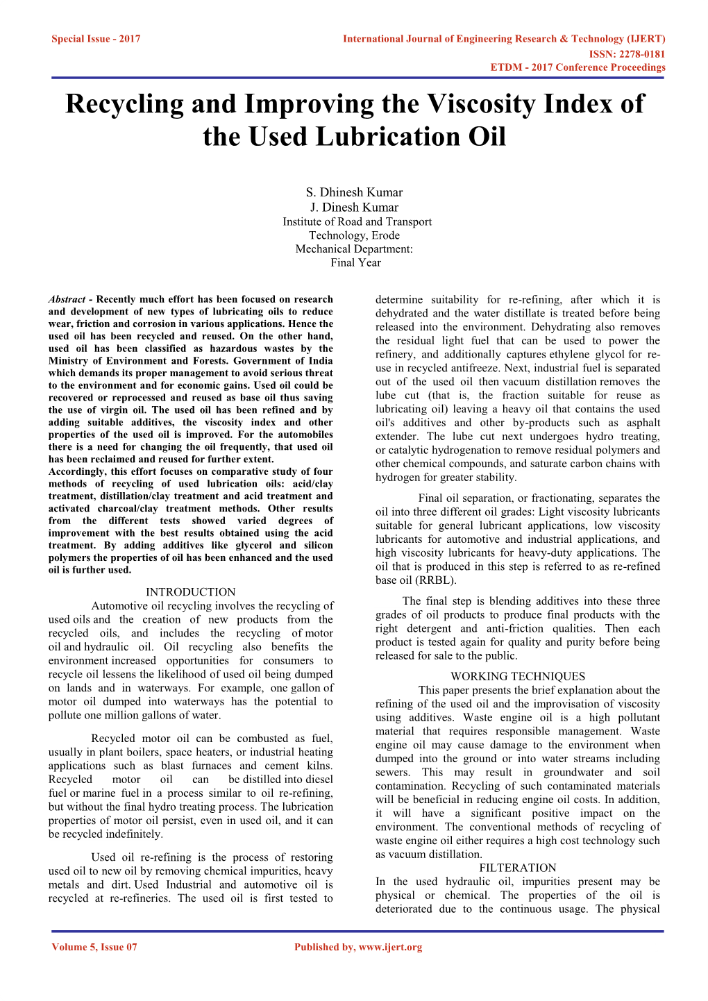 Recycling and Improving the Viscosity Index of the Used Lubrication Oil