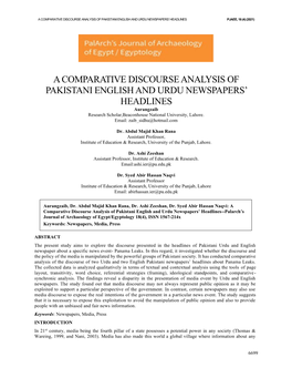 A Comparative Discourse Analysis of Pakistani English and Urdu Newspapers’ Headlines Pjaee, 18 (4) (2021)