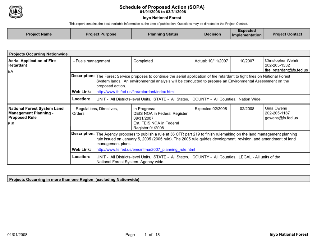 Schedule of Proposed Action (SOPA) 01/01/2008 to 03/31/2008 Inyo National Forest This Report Contains the Best Available Information at the Time of Publication