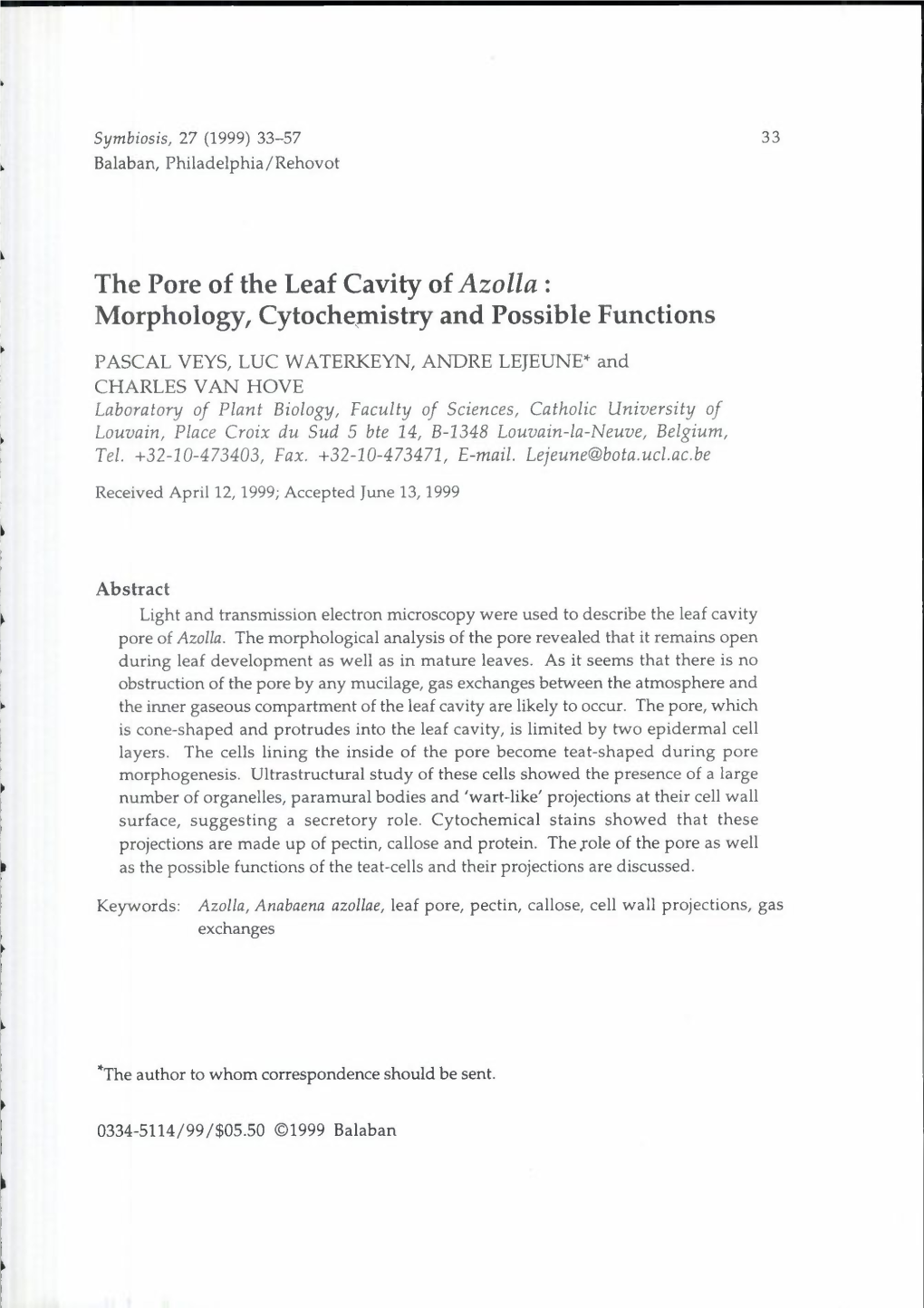 The Pore of the Leaf Cavity of Azolla: Morphology, Cytochemistry and Possible Functions