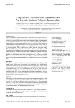 Comparison of Levobupivacaine and Lidocaine for Post-Operative Analgesia Following Tympanoplasty