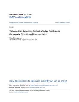 The American Symphony Orchestra Today: Problems in Community, Diversity, and Representation