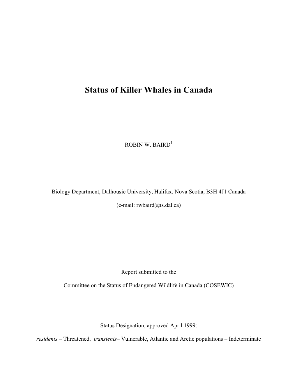 Status of Killer Whales in Canada