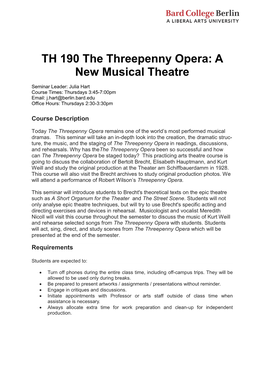 TH 190 the Threepenny Opera: a New Musical Theatre