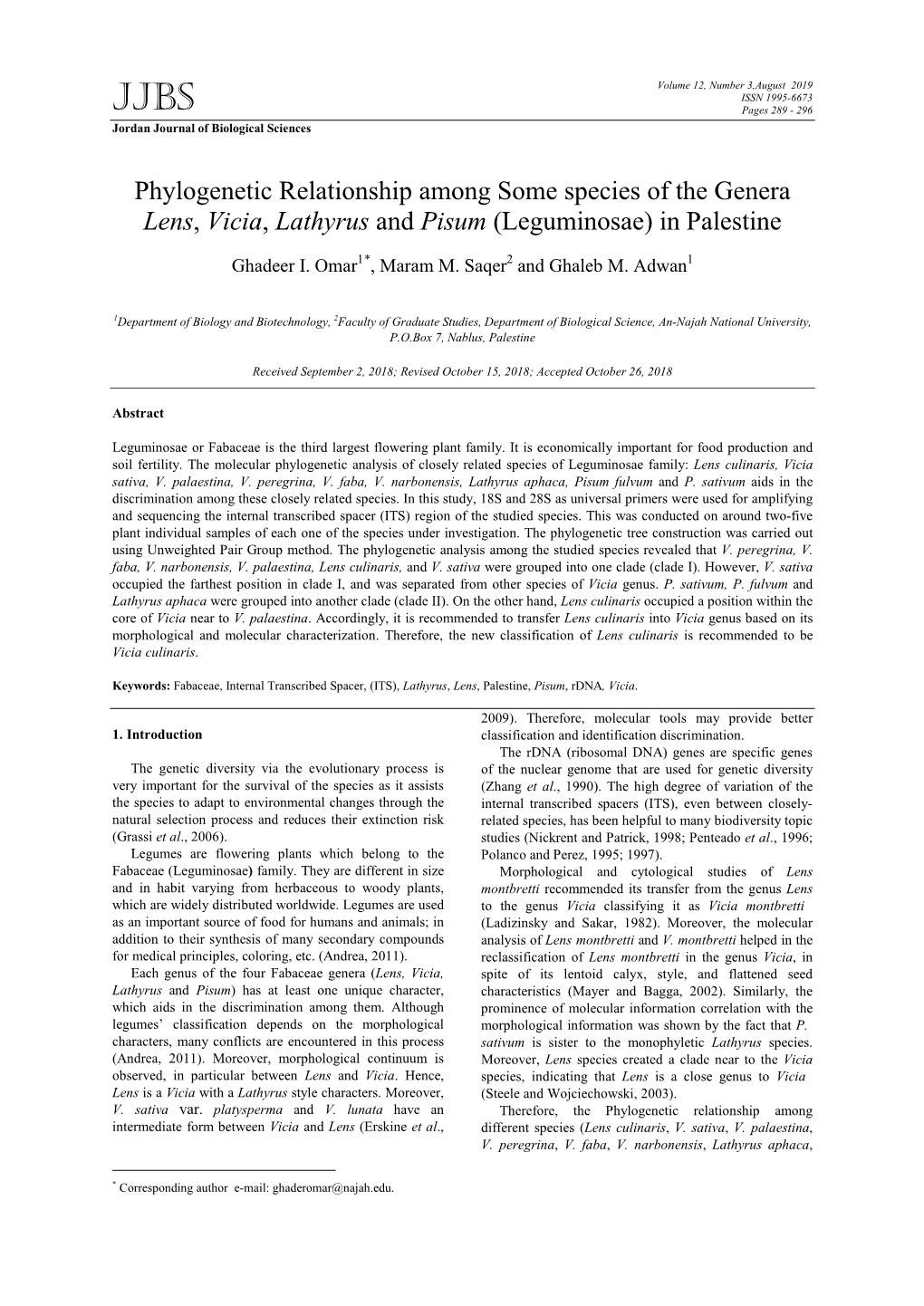 Phylogenetic Relationship Among Some Species of the Genera Lens, Vicia, Lathyrus and Pisum (Leguminosae) in Palestine