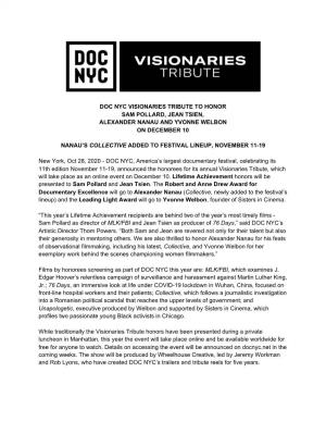 Doc Nyc Visionaries Tribute to Honor Sam Pollard, Jean Tsien, Alexander Nanau and Yvonne Welbon on December 10
