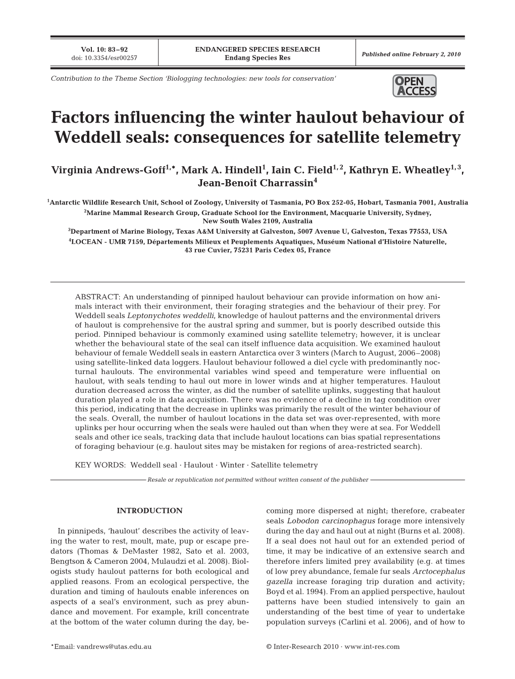 Factors Influencing the Winter Haulout Behaviour of Weddell Seals: Consequences for Satellite Telemetry