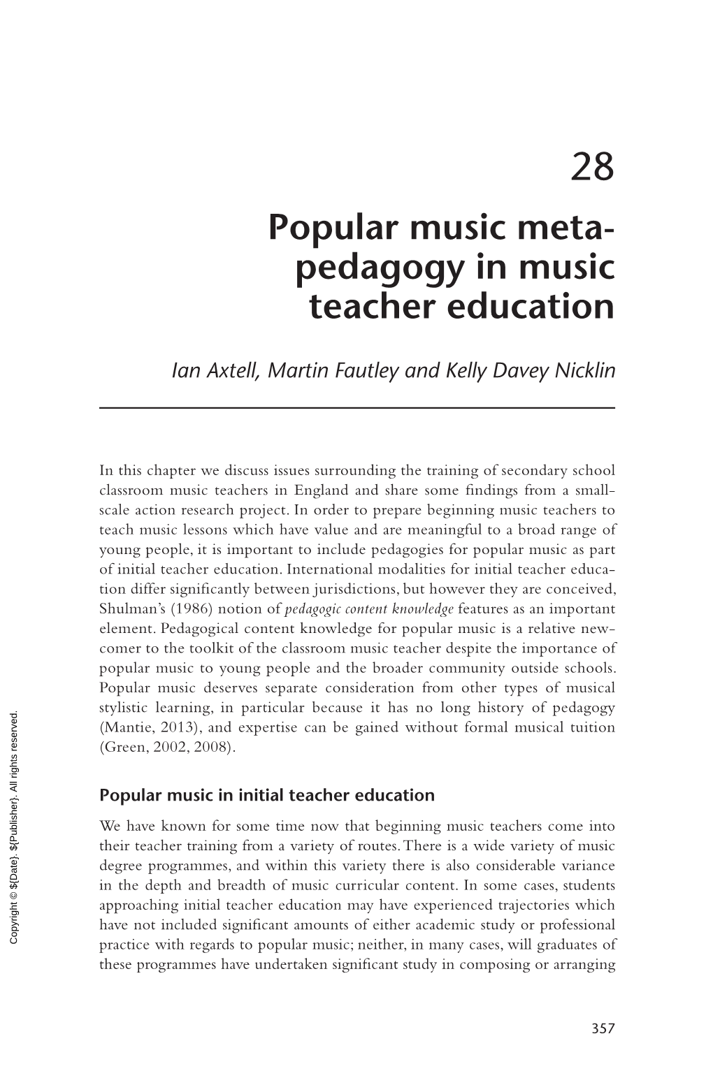 Popular Music Meta- Pedagogy in Music Teacher Education