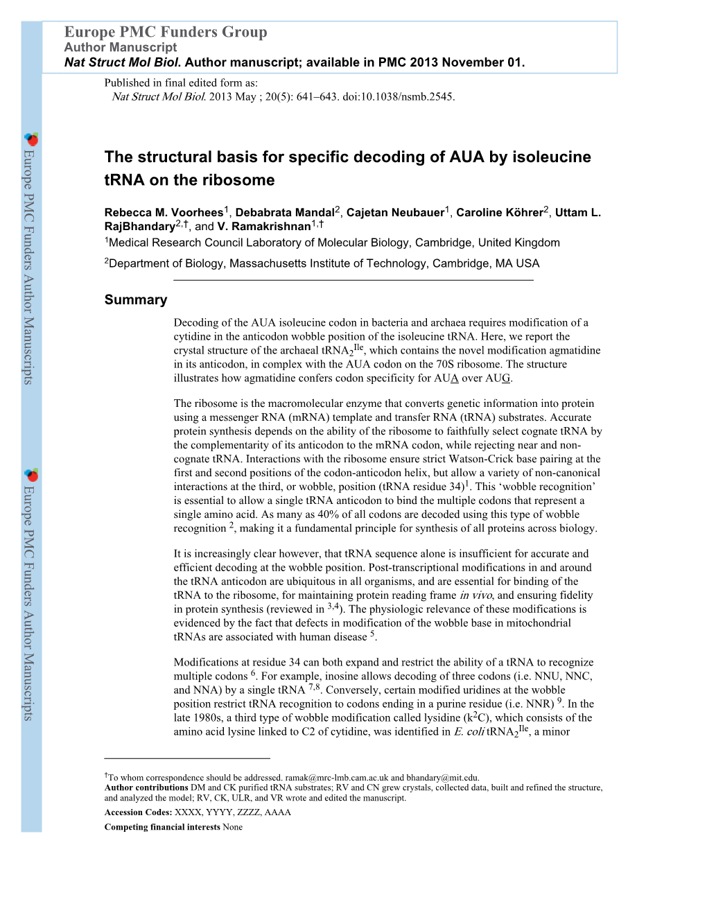 The Structural Basis for Specific Decoding of AUA by Isoleucine Trna on the Ribosome