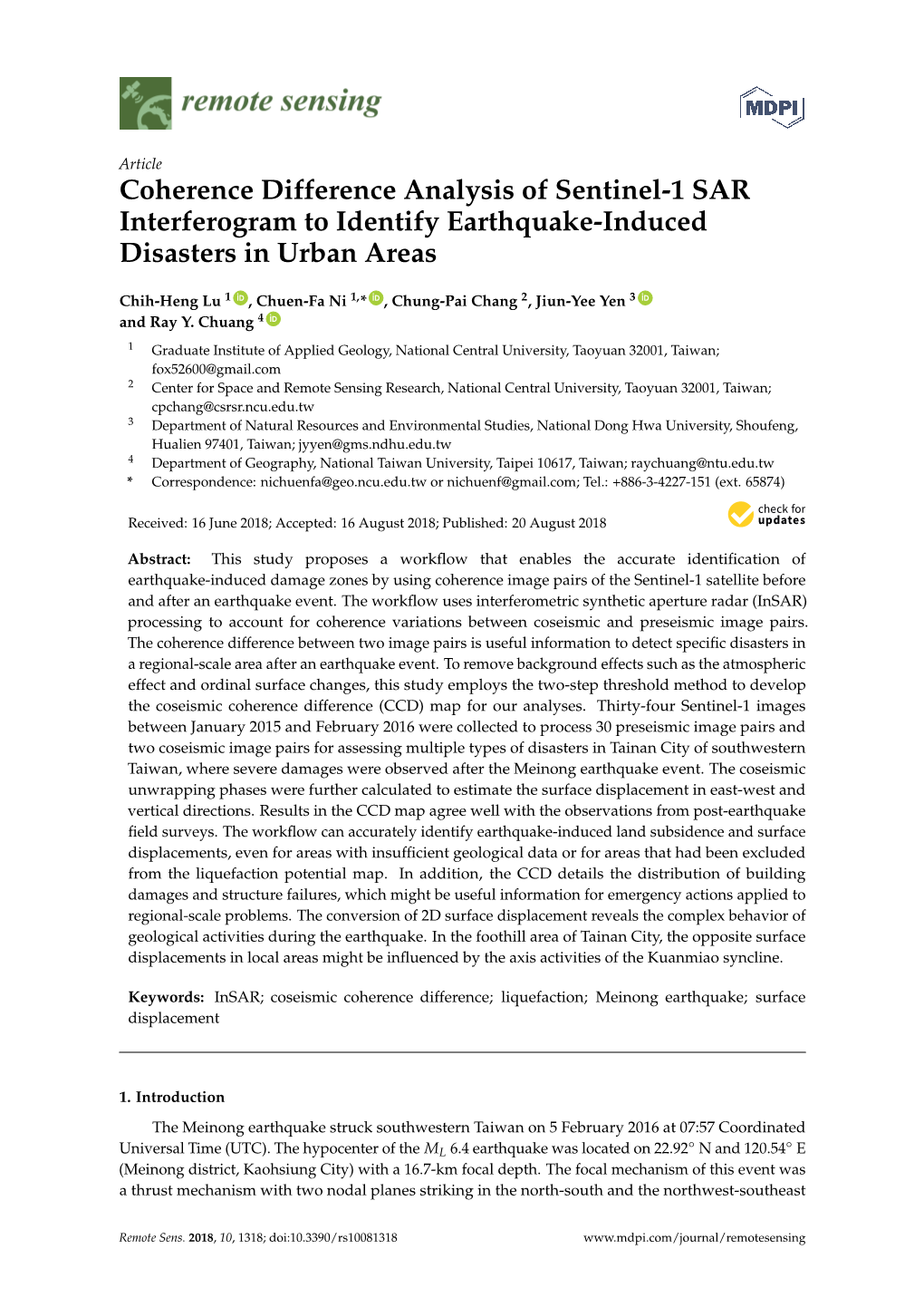 Coherence Difference Analysis of Sentinel-1 SAR Interferogram to Identify Earthquake-Induced Disasters in Urban Areas