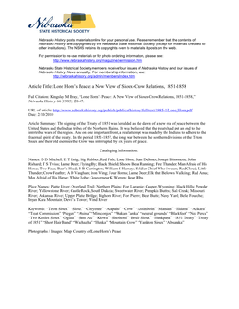 Lone Horn's Peace: a New View of Sioux-Crow Relations, 1851-1858