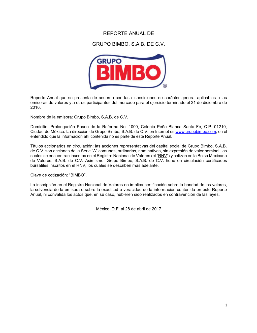 I REPORTE ANUAL DE GRUPO BIMBO, S.A.B. DE C.V