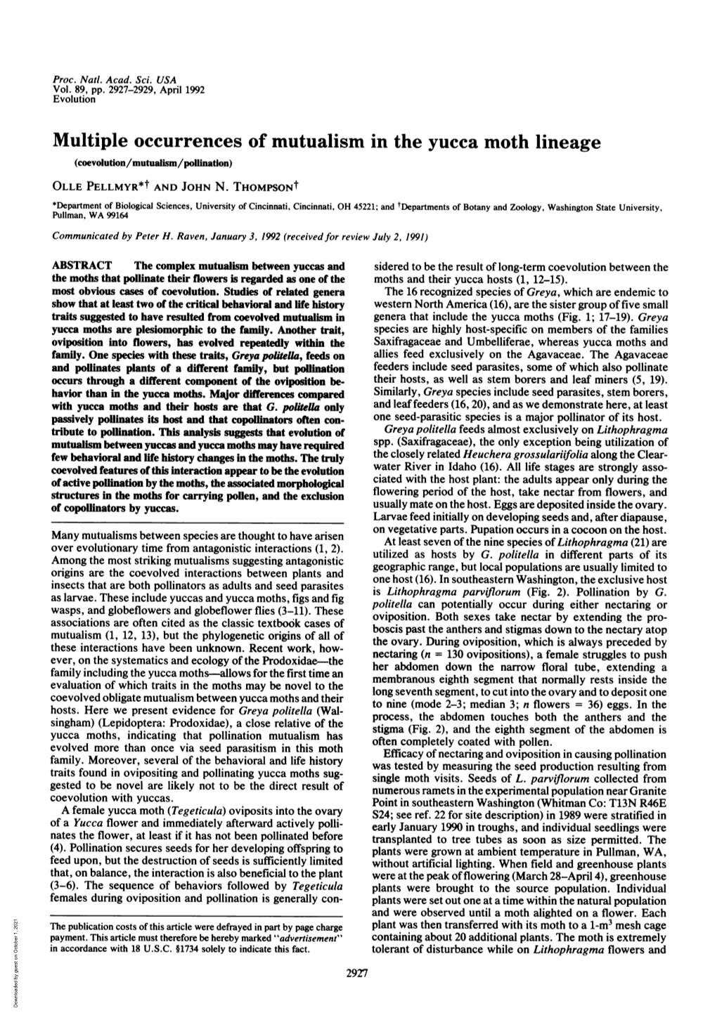 Multiple Occurrences of Mutualism in the Yucca Moth Lineage (Coevolution/Mutualism/Pollination) OLLE PELLMYR*T and JOHN N