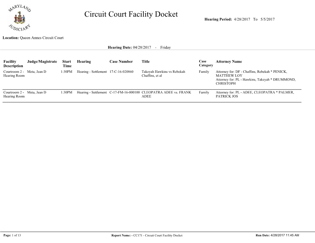 Circuit Court Facility Docket Hearing Period: 4/28/2017 to 5/5/2017