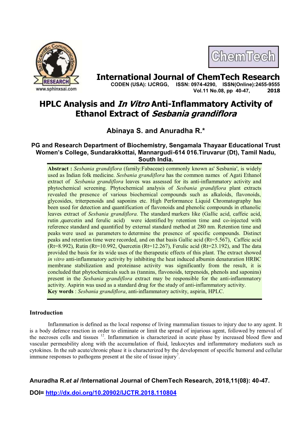 HPLC Analysis and in Vitro Anti-Inflammatory Activity of Ethanol Extract of Sesbania Grandiflora