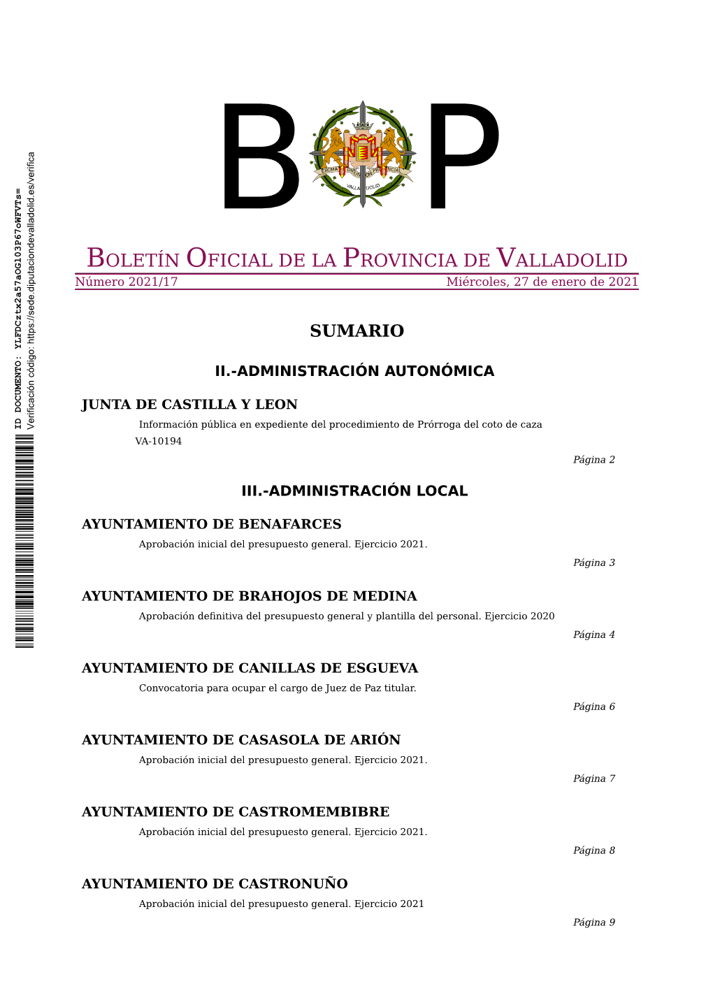 BOLETÍN OFICIAL DE LA PROVINCIA DE VALLADOLID Número 2021/17 Miércoles, 27 De Enero De 2021