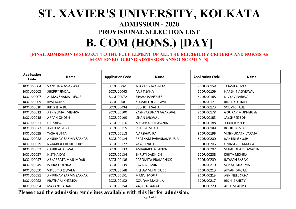 Provisional Selection List for B