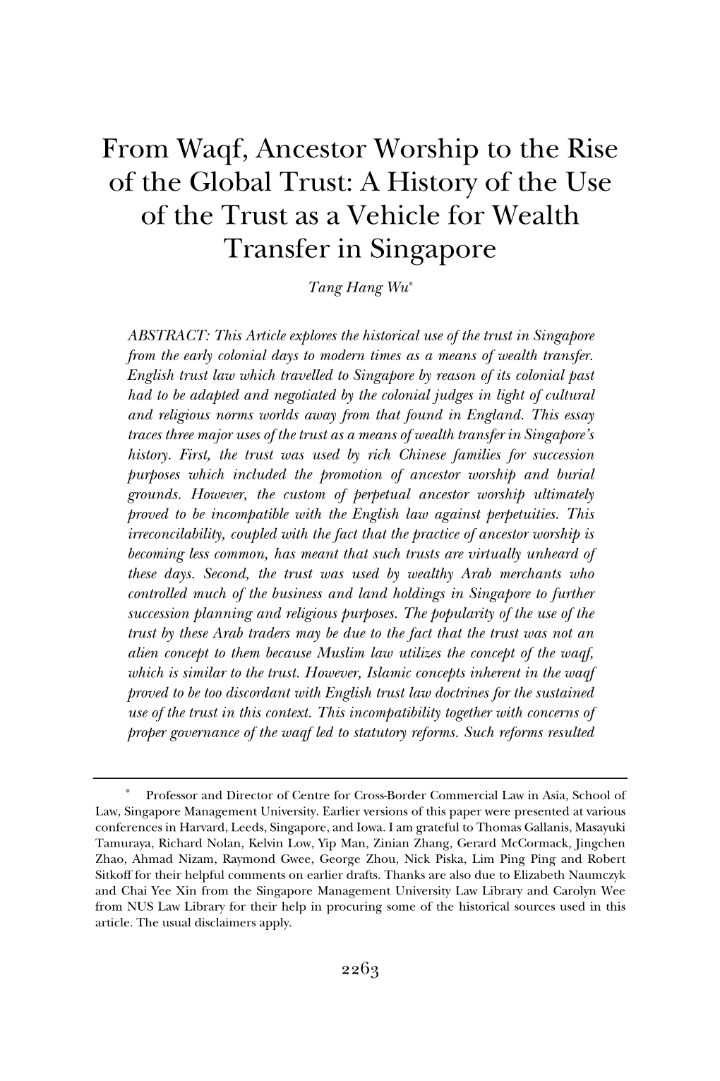 From Waqf, Ancestor Worship to the Rise of the Global Trust: a History of the Use of the Trust As a Vehicle for Wealth Transfer in Singapore