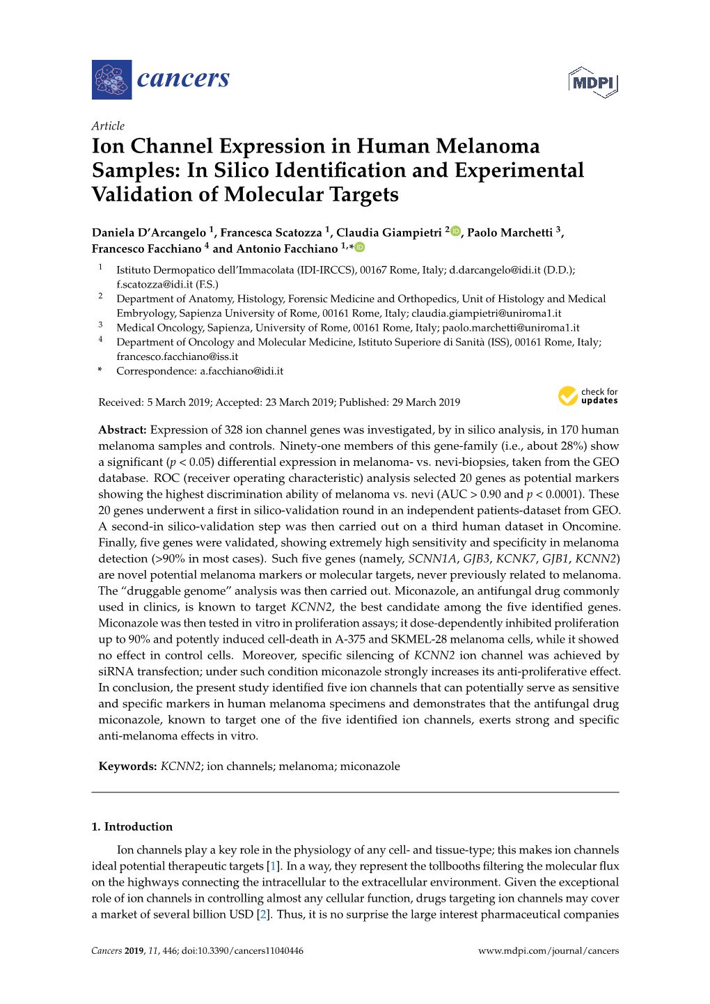 Ion Channel Expression in Human Melanoma Samples: in Silico Identiﬁcation and Experimental Validation of Molecular Targets