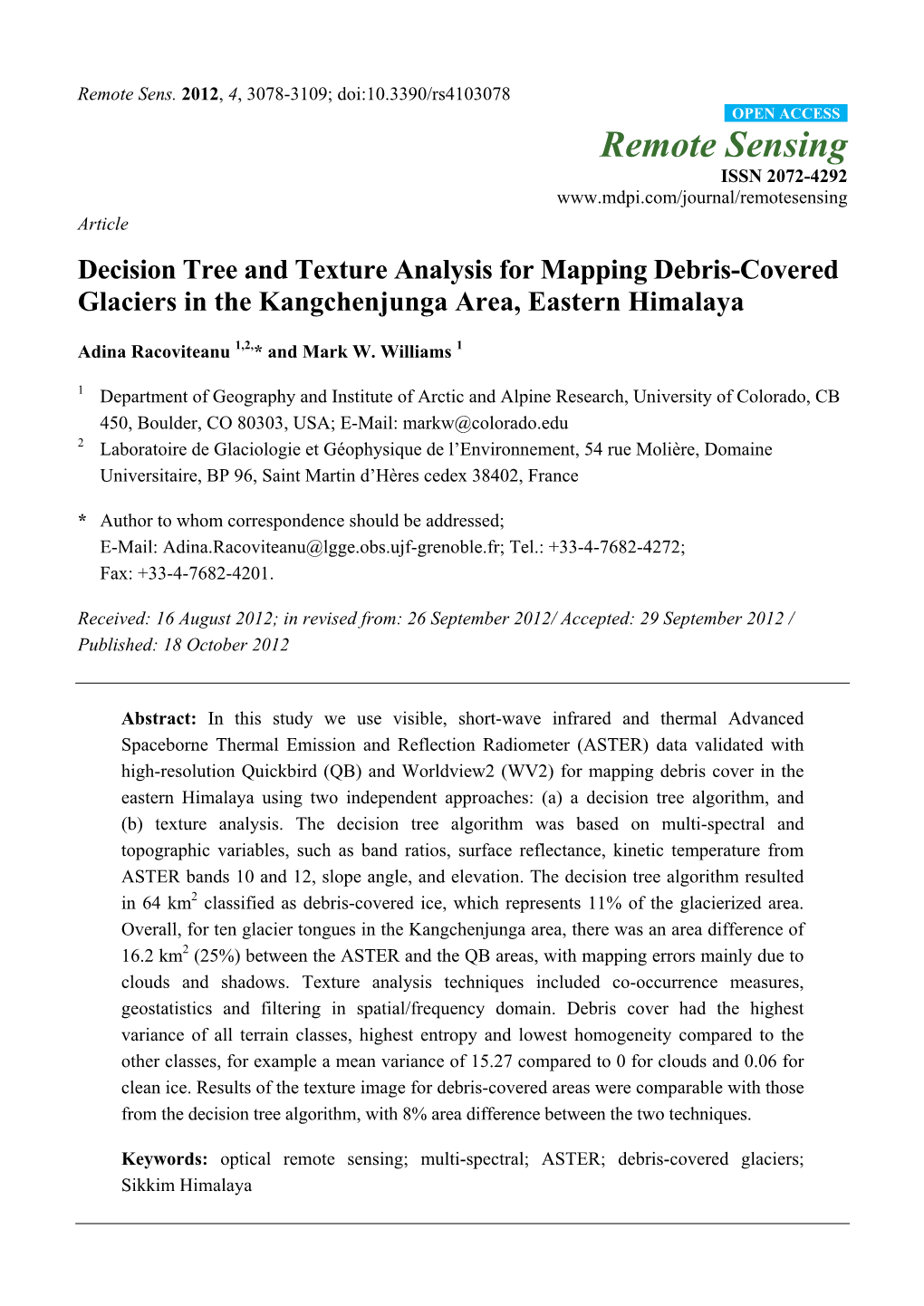 Decision Tree and Texture Analysis for Mapping Debris-Covered Glaciers in the Kangchenjunga Area, Eastern Himalaya