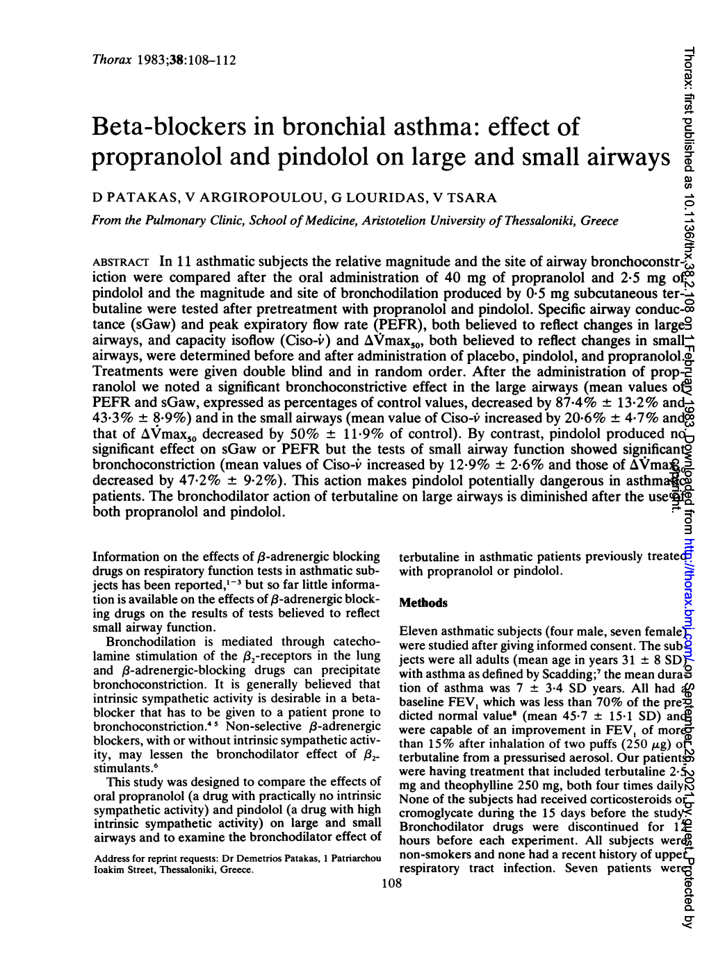 Effect of Propranolol and Pindolol on Large and Small Airways
