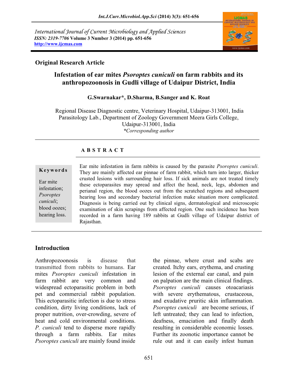 Infestation of Ear Mites Psoroptes Cuniculi on Farm Rabbits and Its Anthropozoonosis in Gudli Village of Udaipur District, India