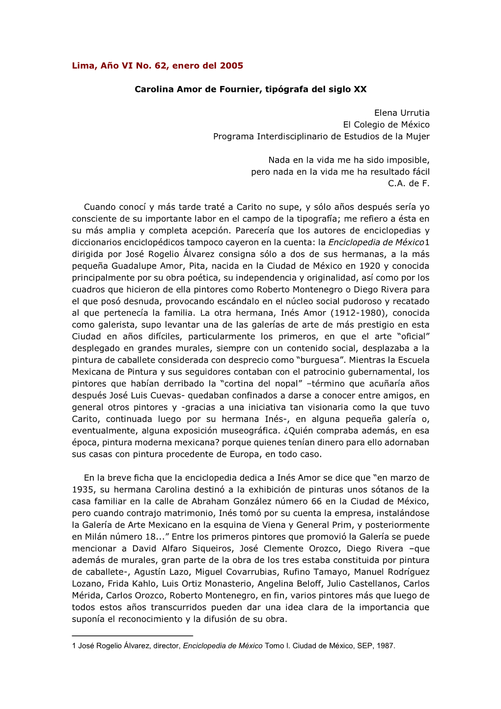 Lima, Año VI No. 62, Enero Del 2005 Carolina Amor De Fournier