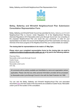 Betley, Balterley and Wrinehill Neighbourhood Plan Submission Consultation Representation Form