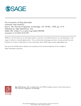 The Coronation of King Ḥaremḥab Author(S): Alan Gardiner Source: the Journal of Egyptian Archaeology, Vol