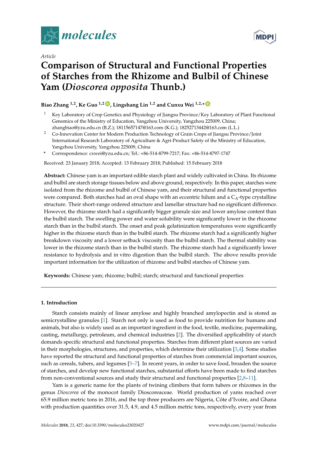 Comparison of Structural and Functional Properties of Starches from the Rhizome and Bulbil of Chinese Yam (Dioscorea Opposita Thunb.)