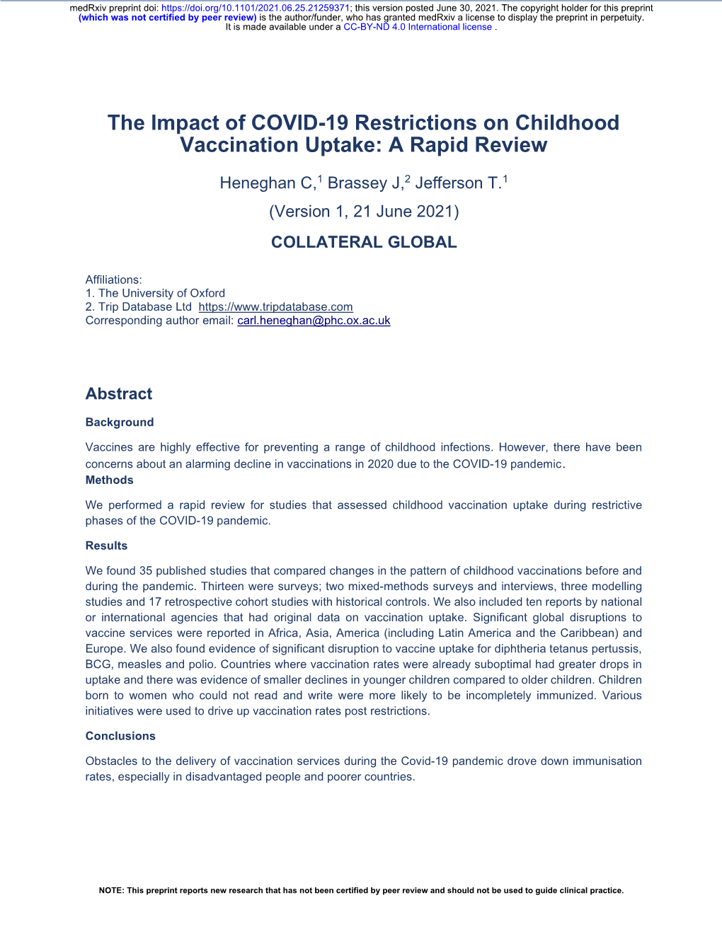 The Impact of COVID-19 Restrictions on Childhood Vaccination Uptake: a Rapid Review