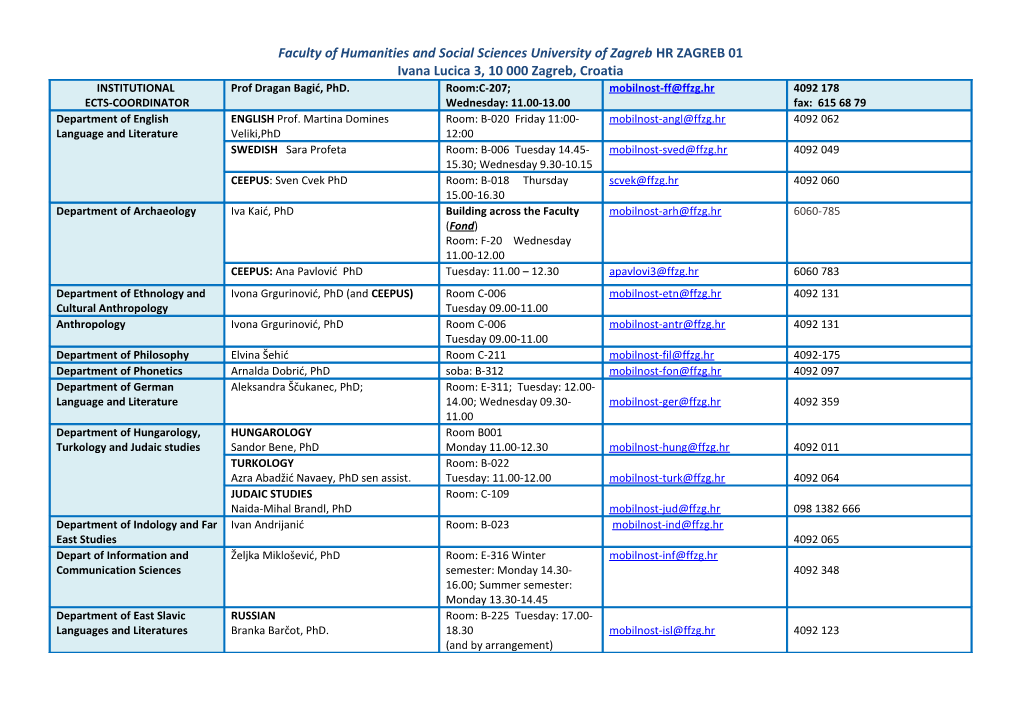 Faculty of Humanities and Social Sciences University of Zagreb HR ZAGREB 01