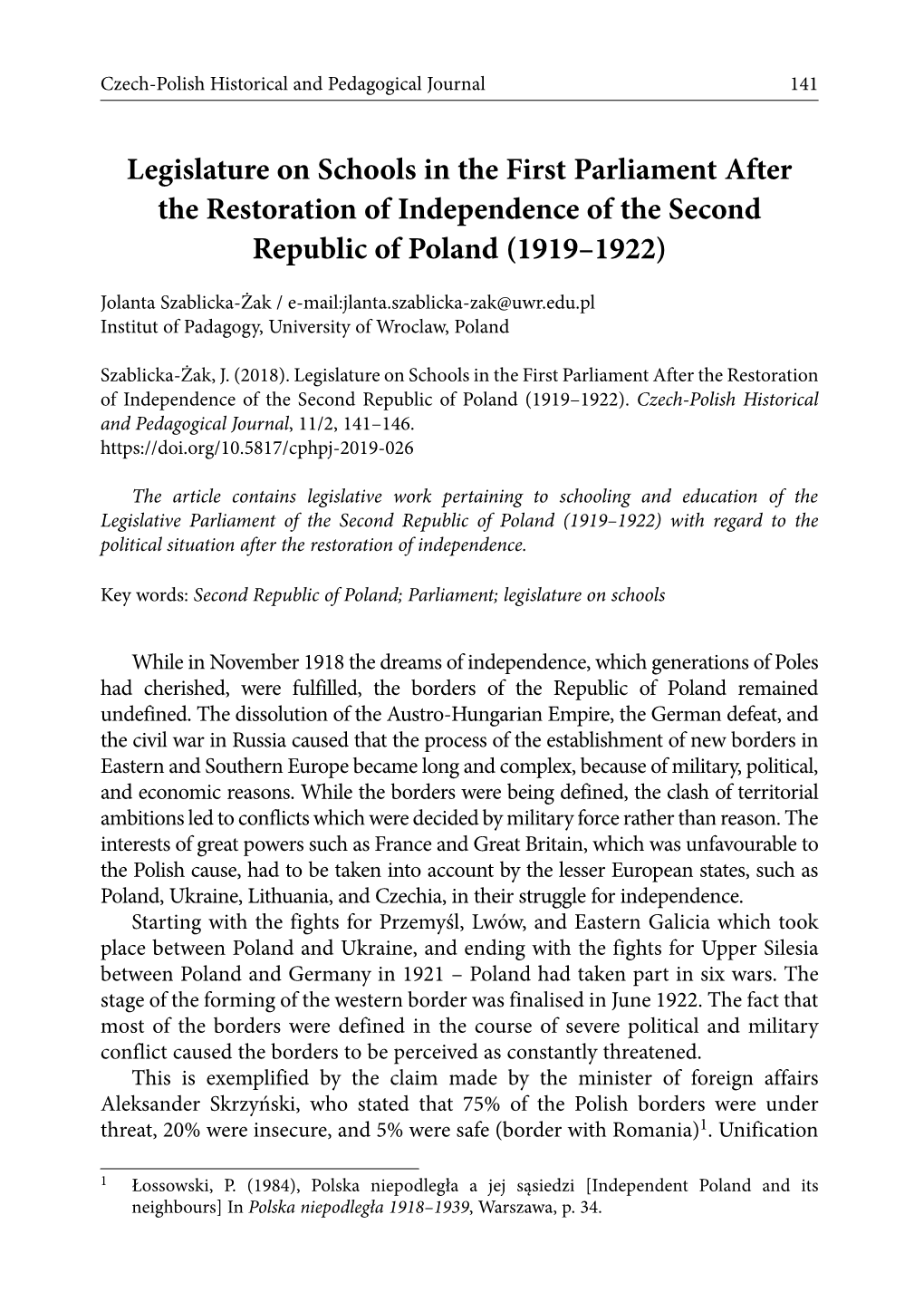 Legislature on Schools in the First Parliament After the Restoration of Independence of the Second Republic of Poland (1919–1922)