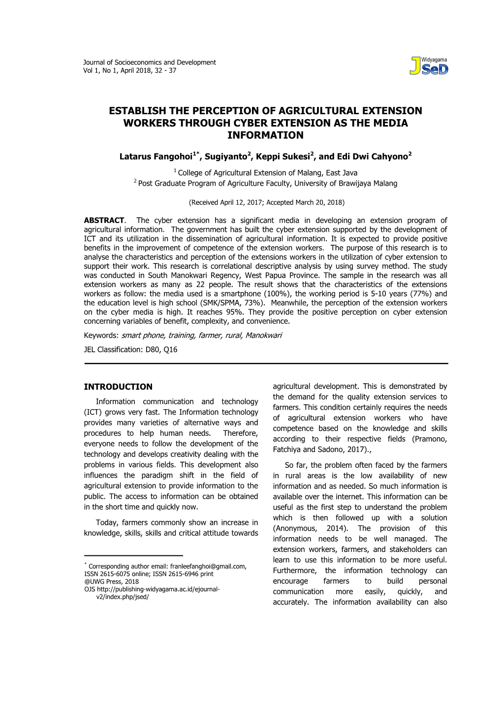 Establish the Perception of Agricultural Extension Workers Through Cyber Extension As the Media Information