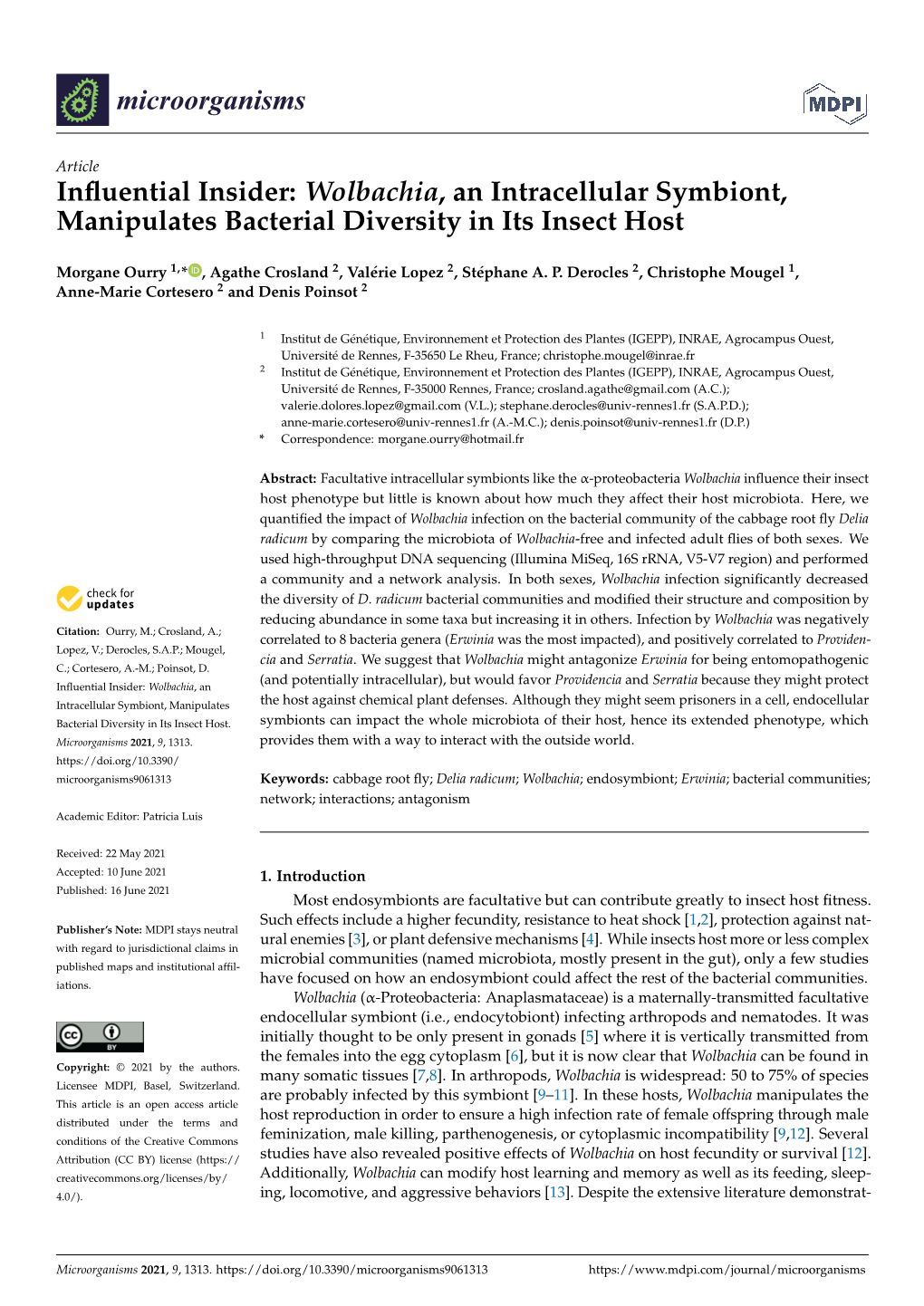 Wolbachia, an Intracellular Symbiont, Manipulates Bacterial Diversity in Its Insect Host