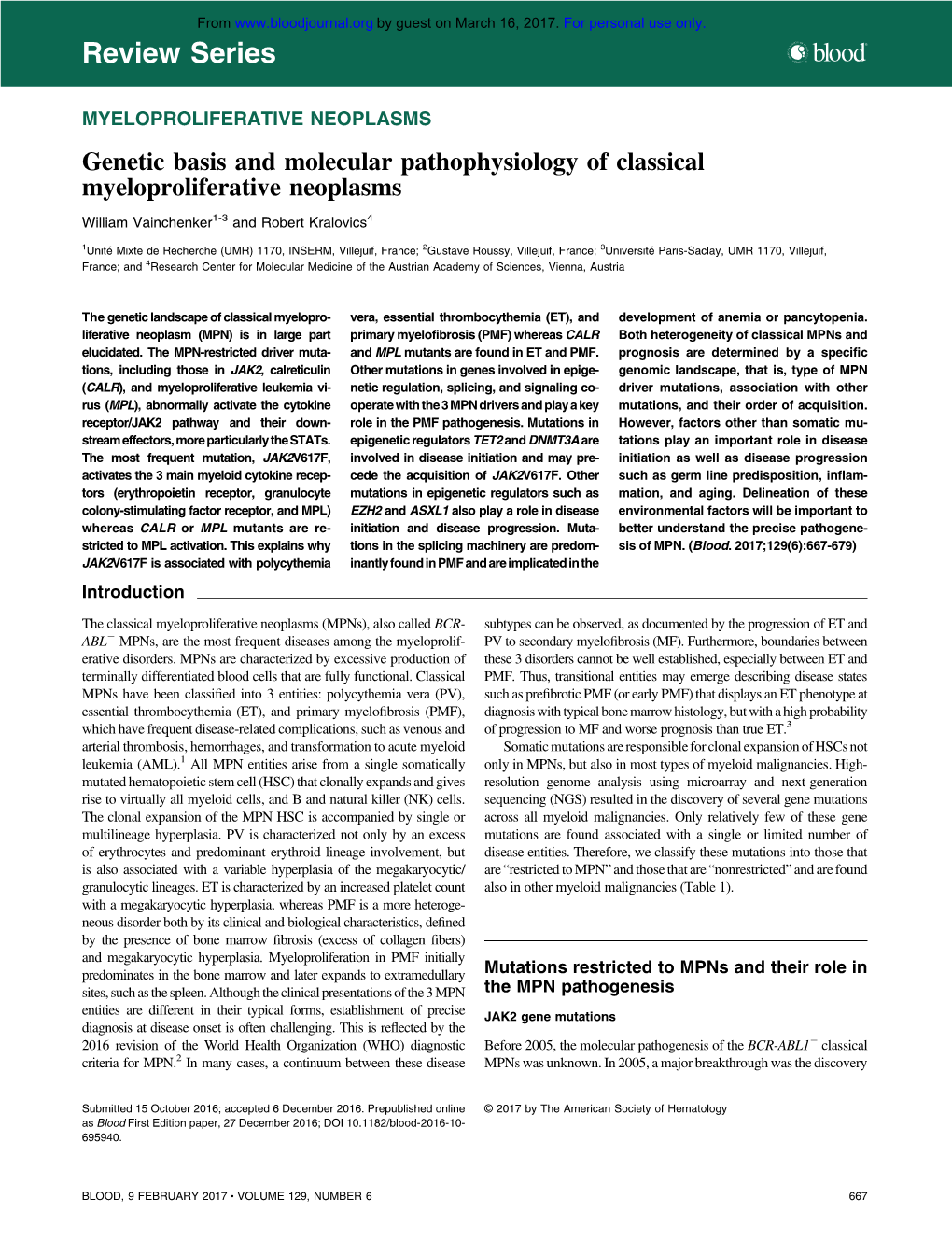 Genetic Basis and Molecular Pathophysiology of Classical Myeloproliferative Neoplasms