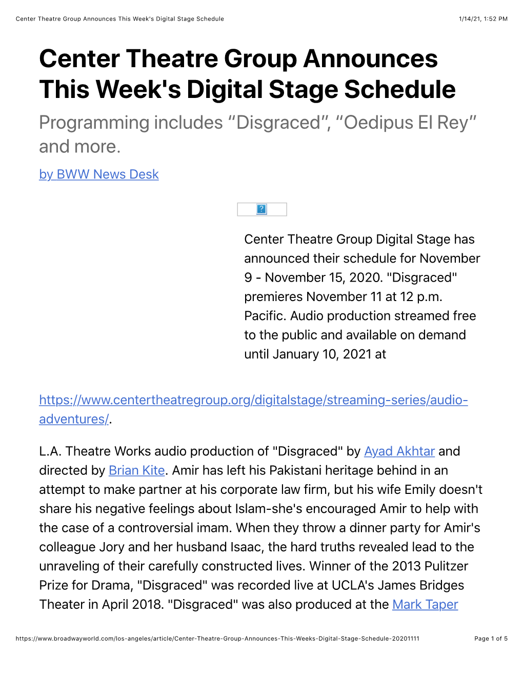 Center Theatre Group Announces This Week's Digital Stage Schedule