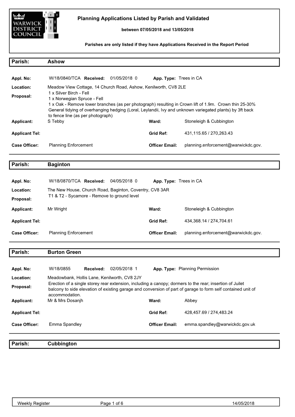 Planning Applications Listed by Parish and Validated Parish: Ashow Parish: Baginton Parish: Burton Green Parish: Cubbington