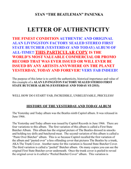 Authenticy Letter for Livingston Stereo Butcher Lp